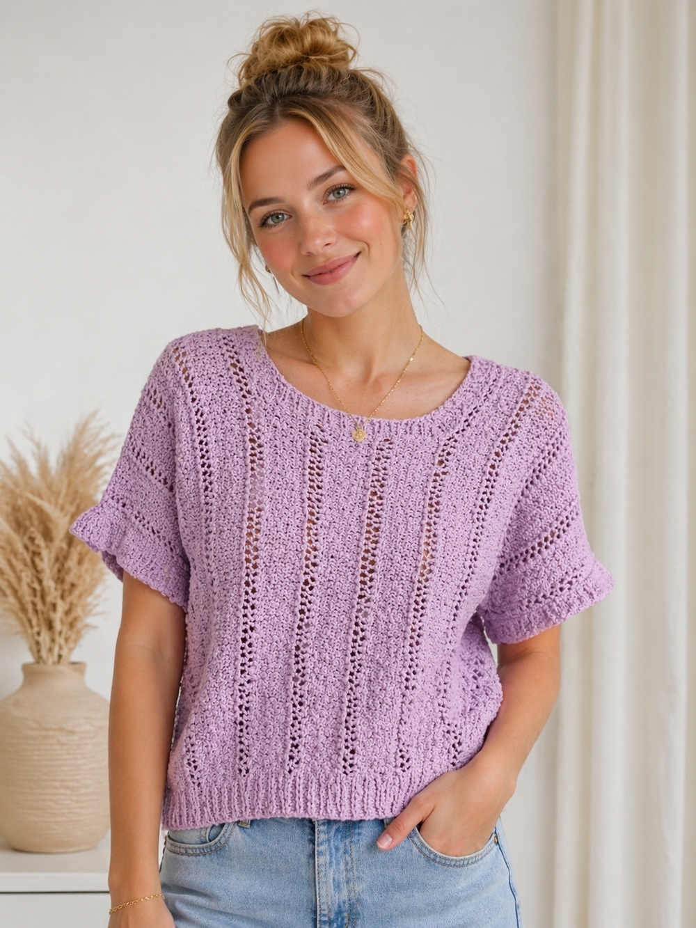 90s Handmade Knit Sweater Lilac Short Sleeve Chunky Knit M/L Boho Cottagecore
